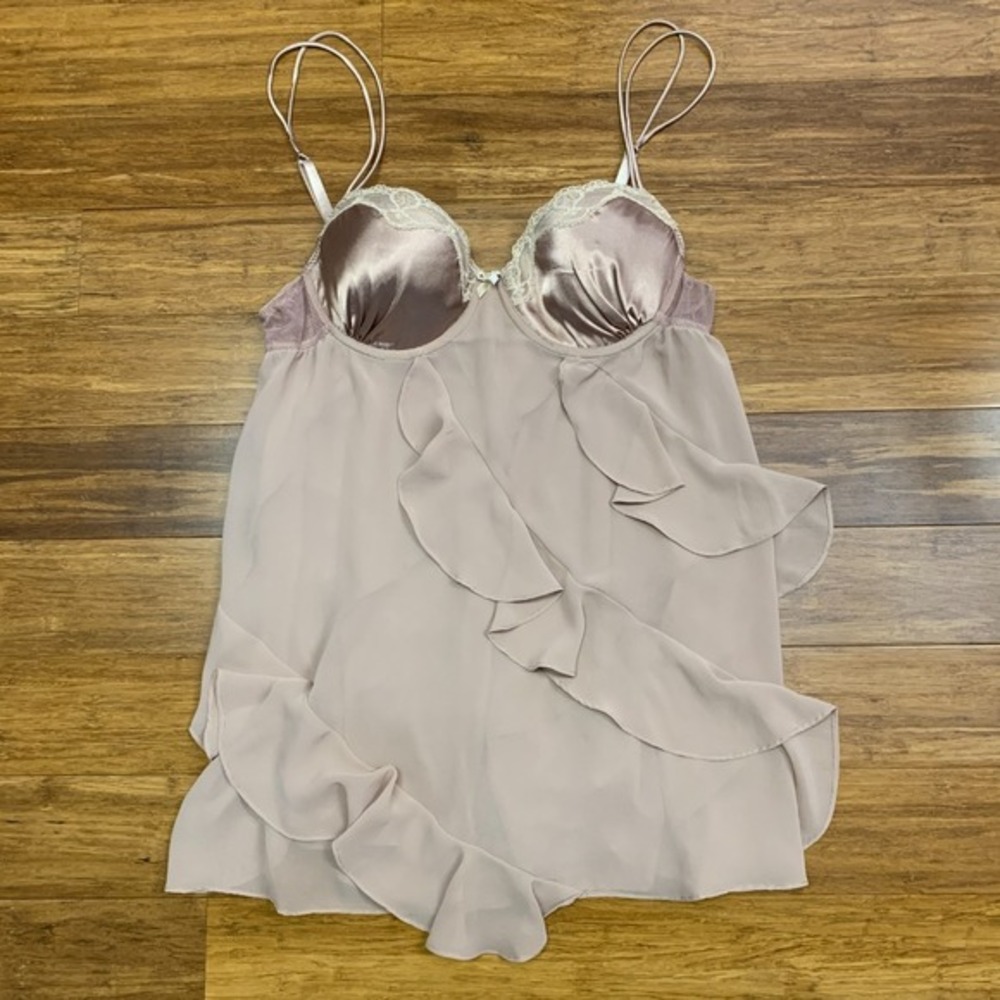 delicates Babydoll Lingerie Womens Large Brown Ruffle Trim Satin‎ Cups Sleepwear